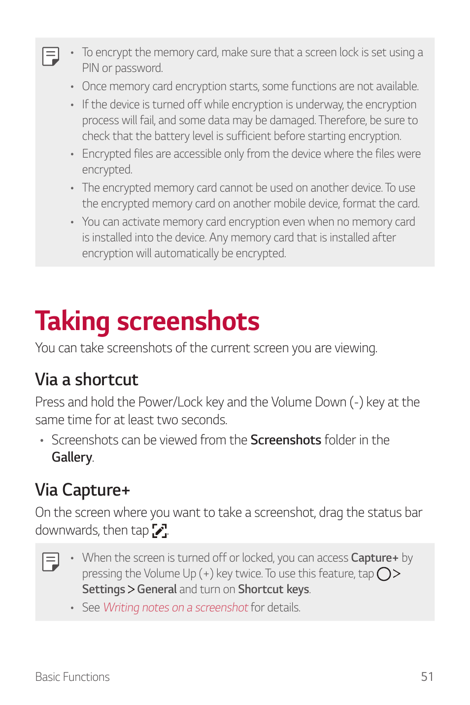 Taking screenshots, Via a shortcut, Via capture | LG G6 H872 User Manual | Page 52 / 183