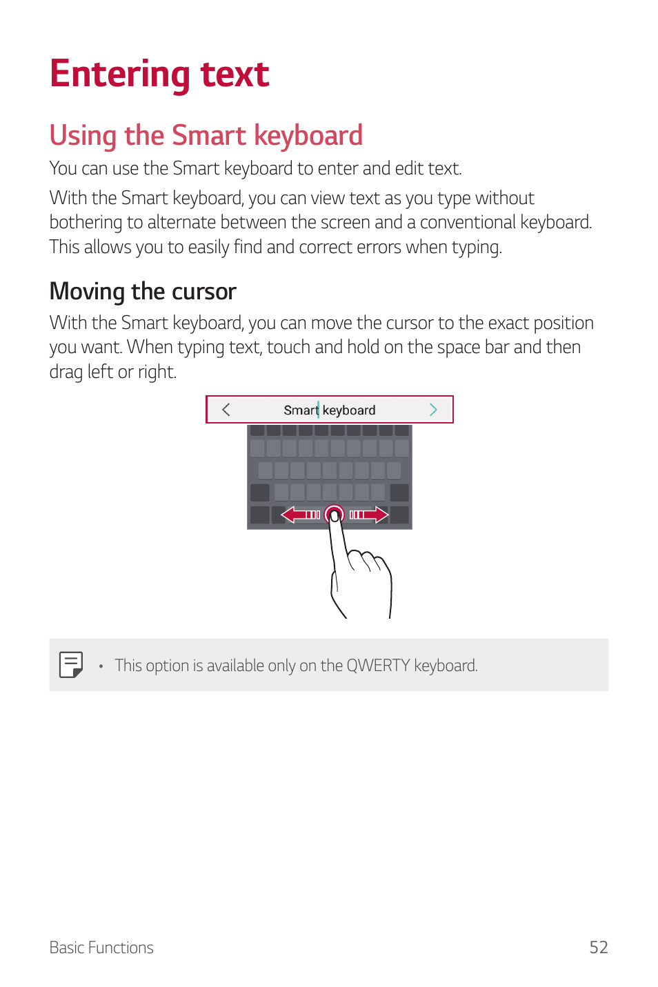 Entering text, Using the smart keyboard, Moving the cursor | LG G6 H872 User Manual | Page 53 / 183