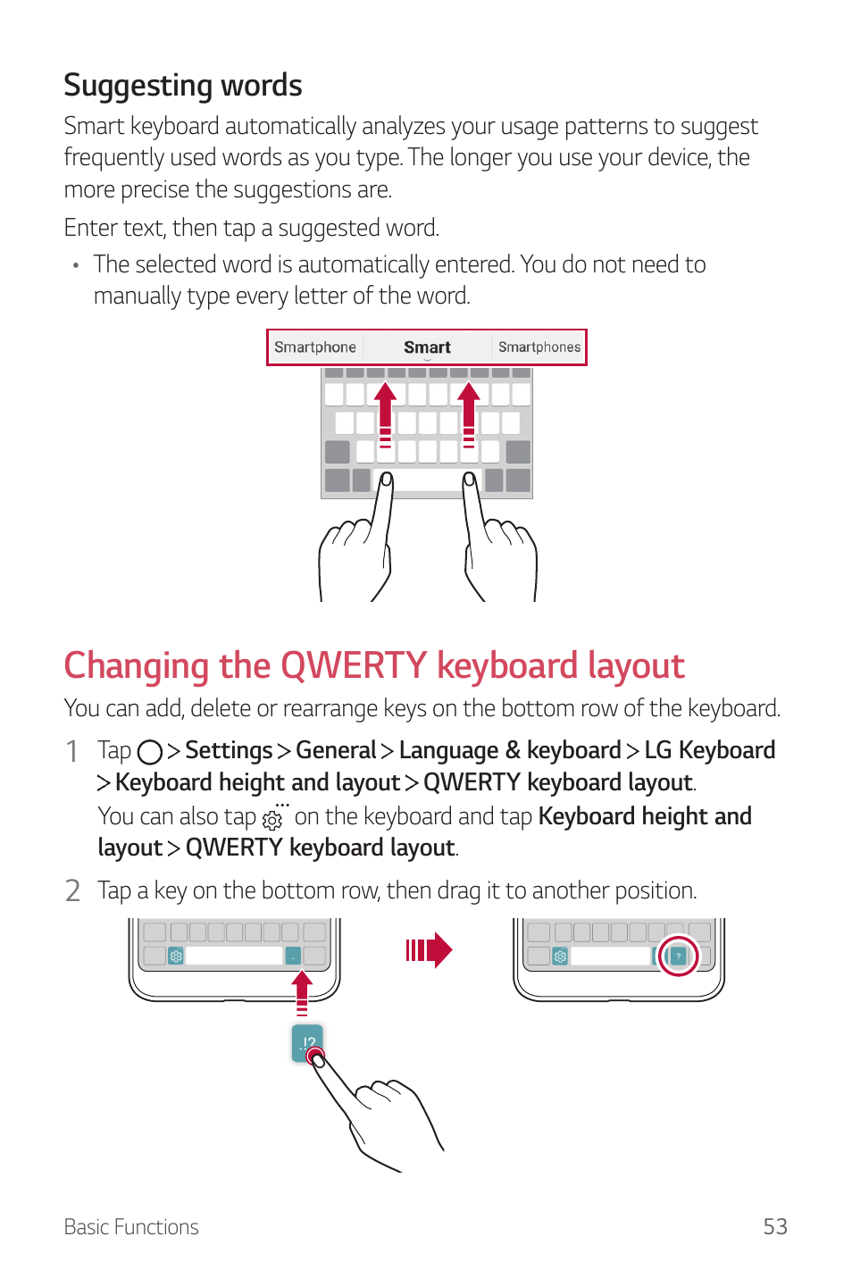 Changing the qwerty keyboard layout, Suggesting words | LG G6 H872 User Manual | Page 54 / 183