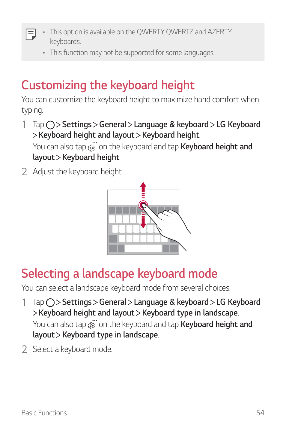 Customizing the keyboard height, Selecting a landscape keyboard mode | LG G6 H872 User Manual | Page 55 / 183