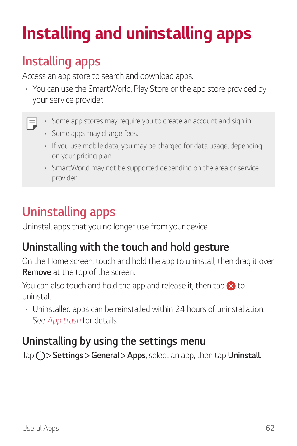 Installing and uninstalling apps, Installing apps, Uninstalling apps | Uninstalling with the touch and hold gesture, Uninstalling by using the settings menu | LG G6 H872 User Manual | Page 63 / 183