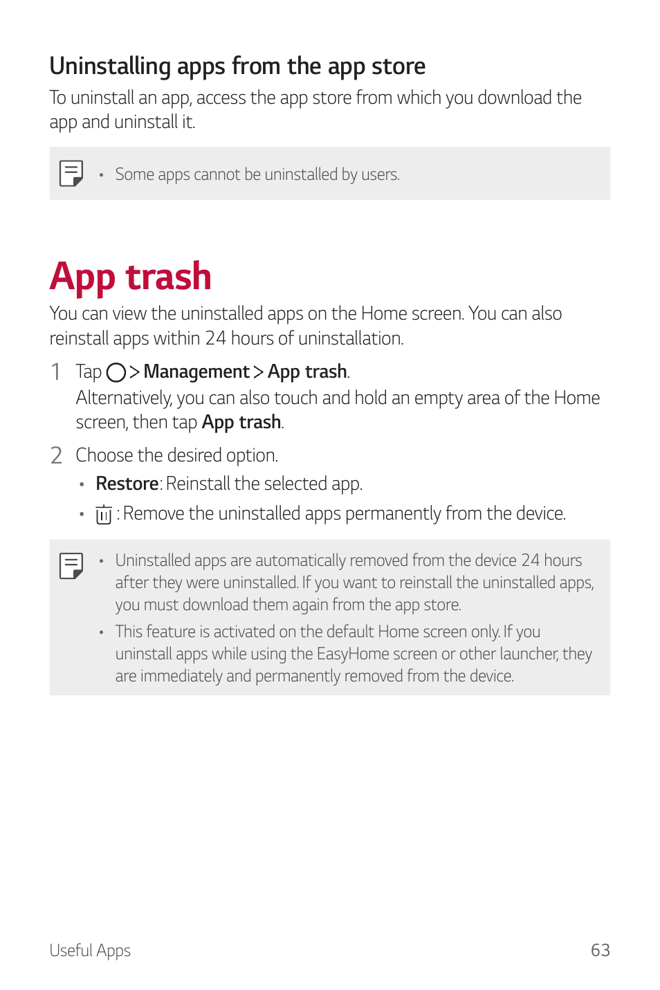 App trash, For details, Uninstalling apps from the app store | LG G6 H872 User Manual | Page 64 / 183