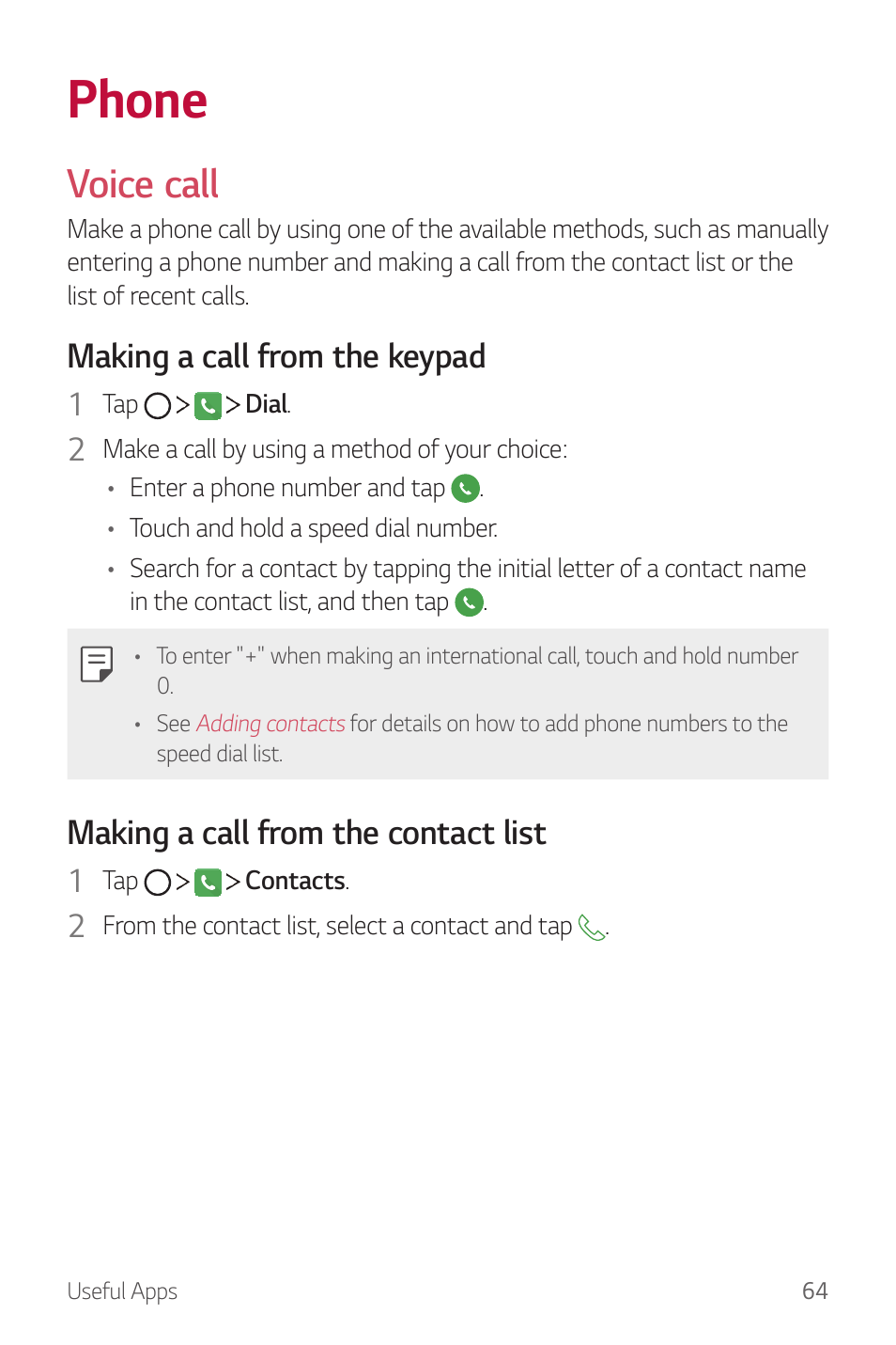 Phone, Voice call, Making a call from the keypad | Making a call from the contact list | LG G6 H872 User Manual | Page 65 / 183