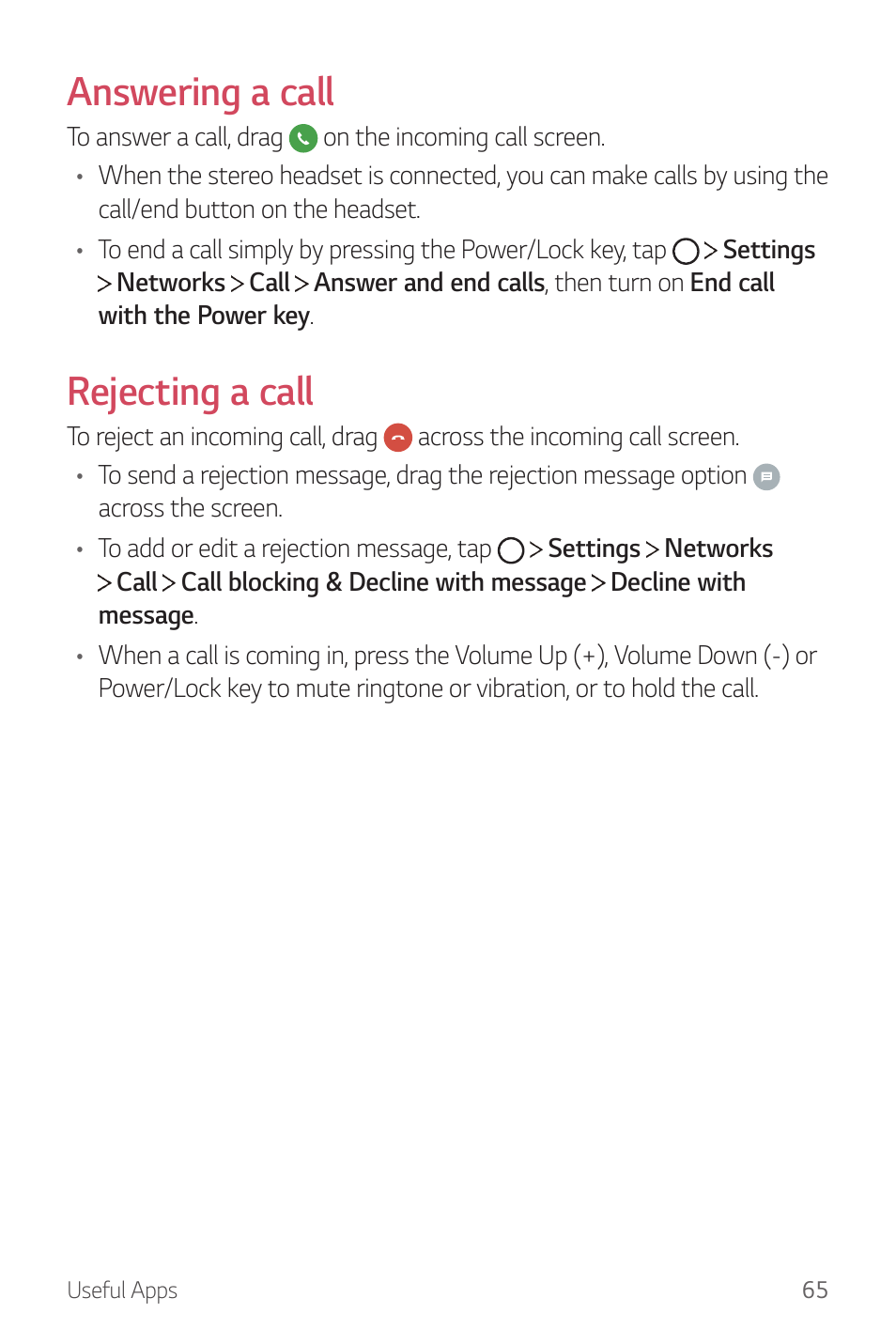 Answering a call, Rejecting a call | LG G6 H872 User Manual | Page 66 / 183