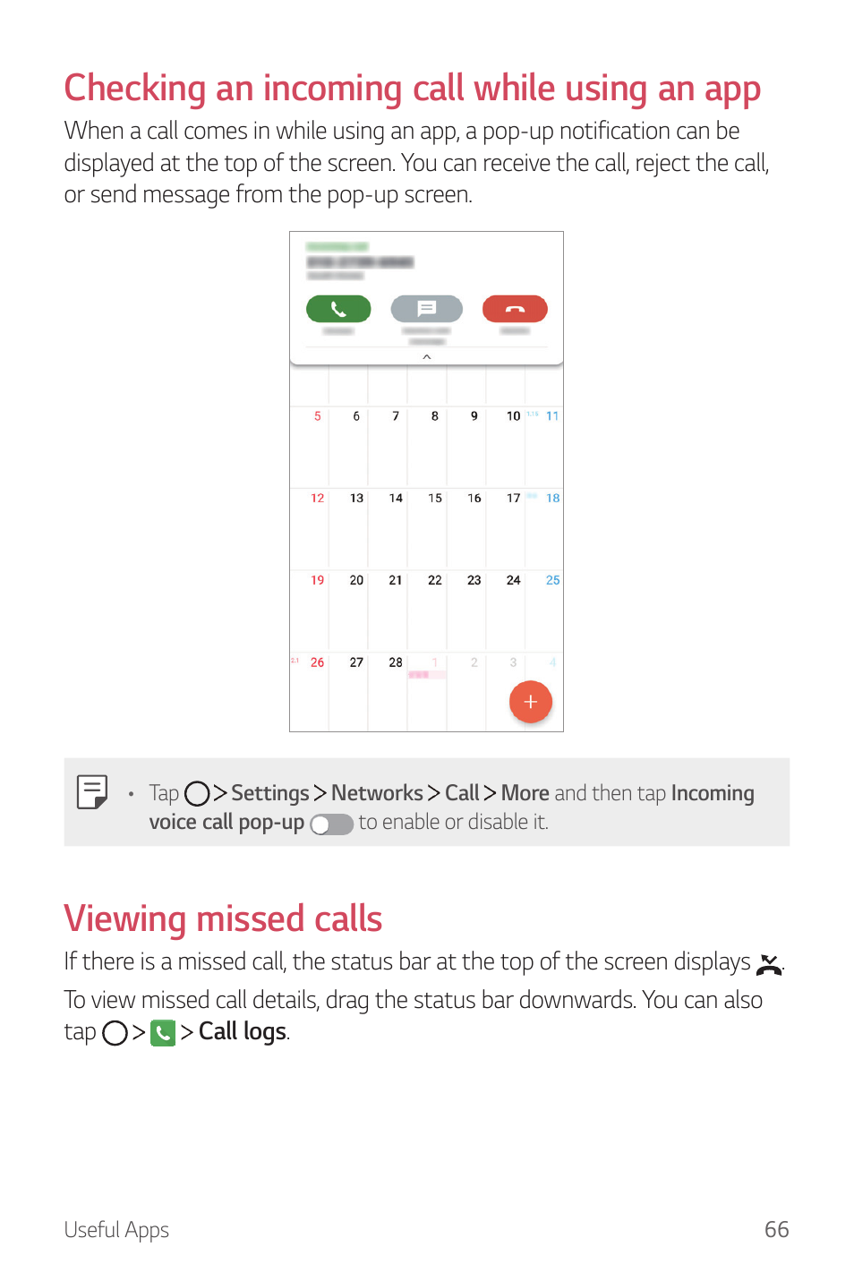 Checking an incoming call while using an app, Viewing missed calls | LG G6 H872 User Manual | Page 67 / 183