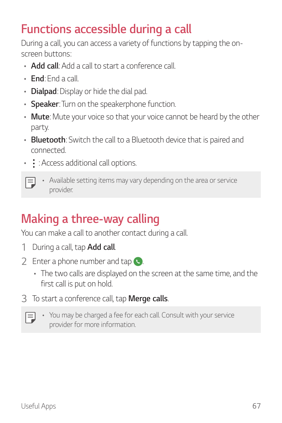 Functions accessible during a call, Making a three-way calling | LG G6 H872 User Manual | Page 68 / 183