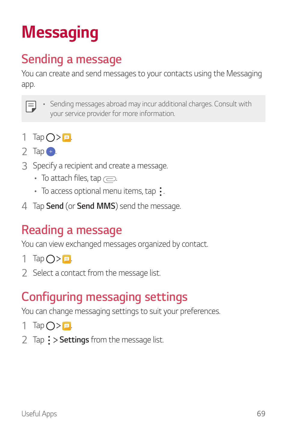 Messaging, Sending a message, Reading a message | Configuring messaging settings | LG G6 H872 User Manual | Page 70 / 183