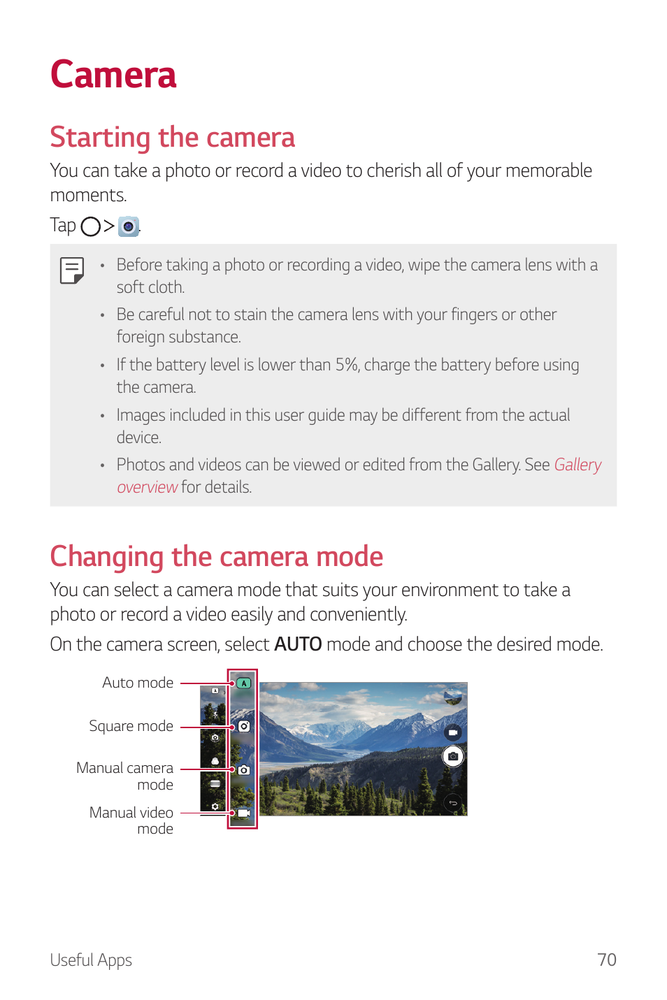 Camera, Starting the camera, Changing the camera mode | LG G6 H872 User Manual | Page 71 / 183