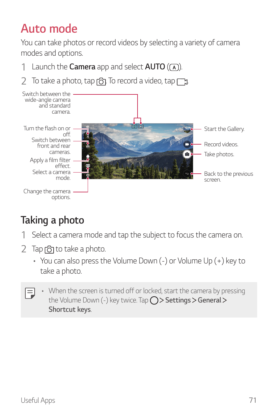 O and square modes. see, Auto mode, Taking a photo | LG G6 H872 User Manual | Page 72 / 183