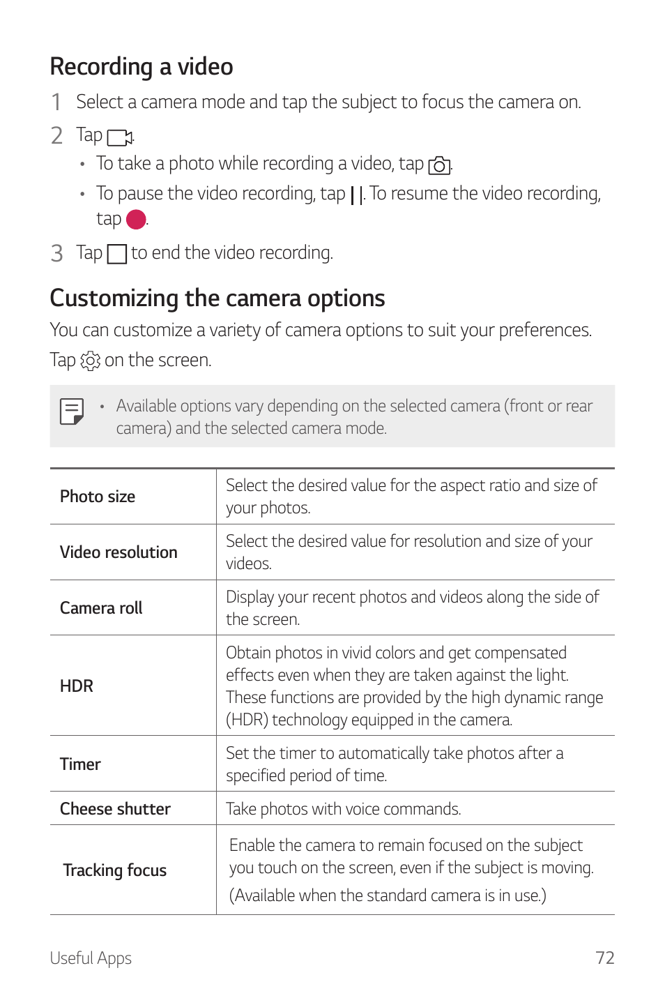 Recording a video, Customizing the camera options | LG G6 H872 User Manual | Page 73 / 183