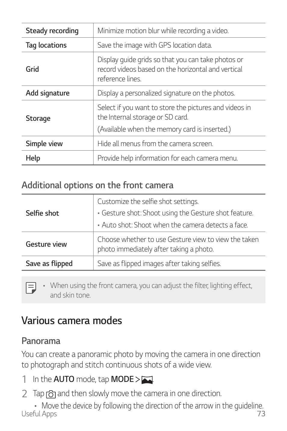 Various camera modes, Additional options on the front camera, Panorama | LG G6 H872 User Manual | Page 74 / 183