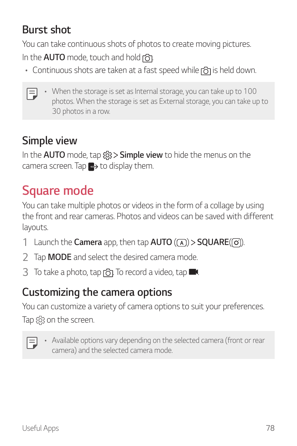 Square mode, Burst shot, Simple view | Customizing the camera options | LG G6 H872 User Manual | Page 79 / 183