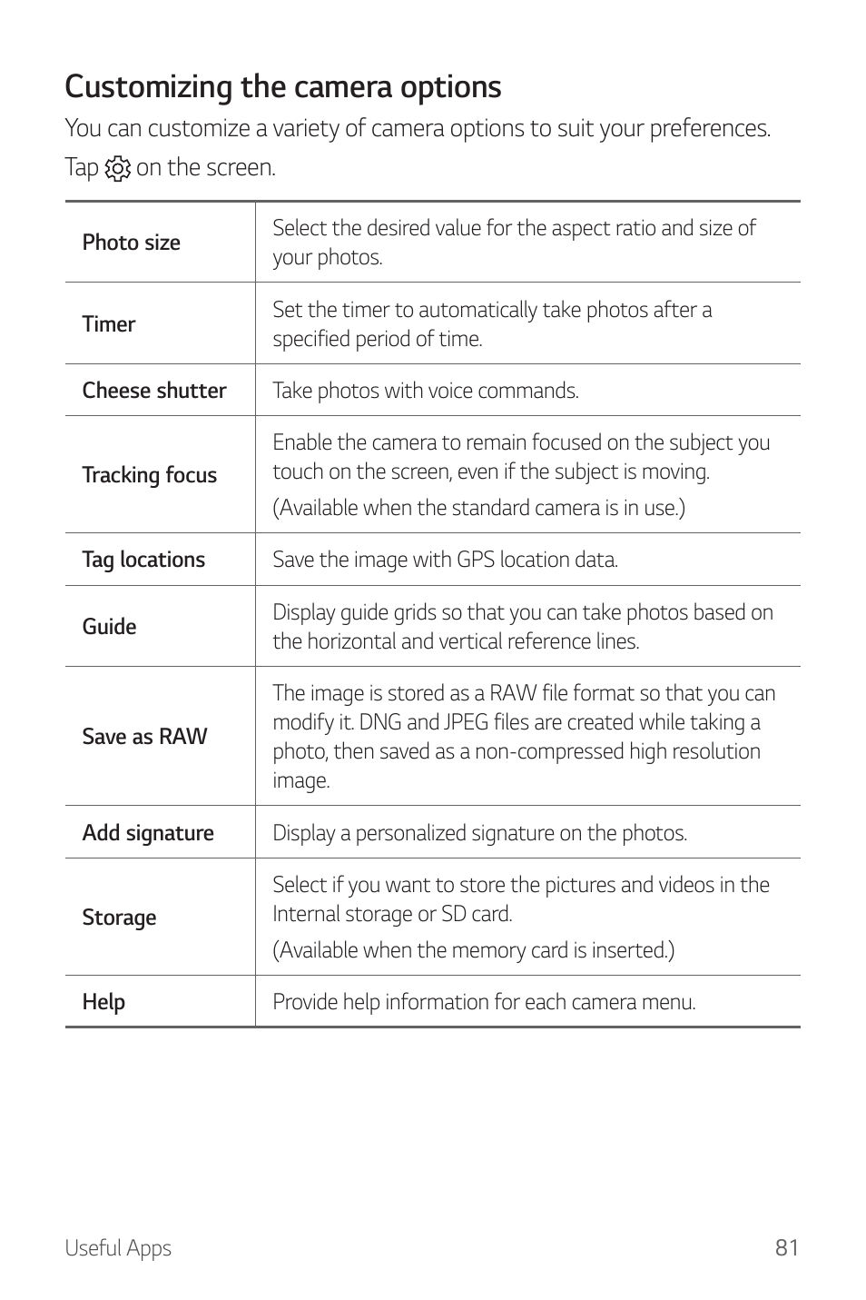 Customizing the camera options | LG G6 H872 User Manual | Page 82 / 183