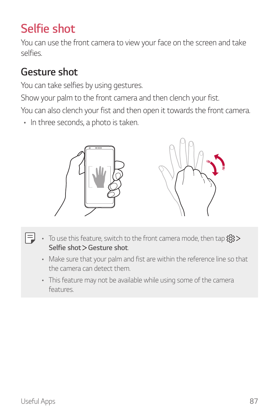 Selfie shot, Gesture shot | LG G6 H872 User Manual | Page 88 / 183