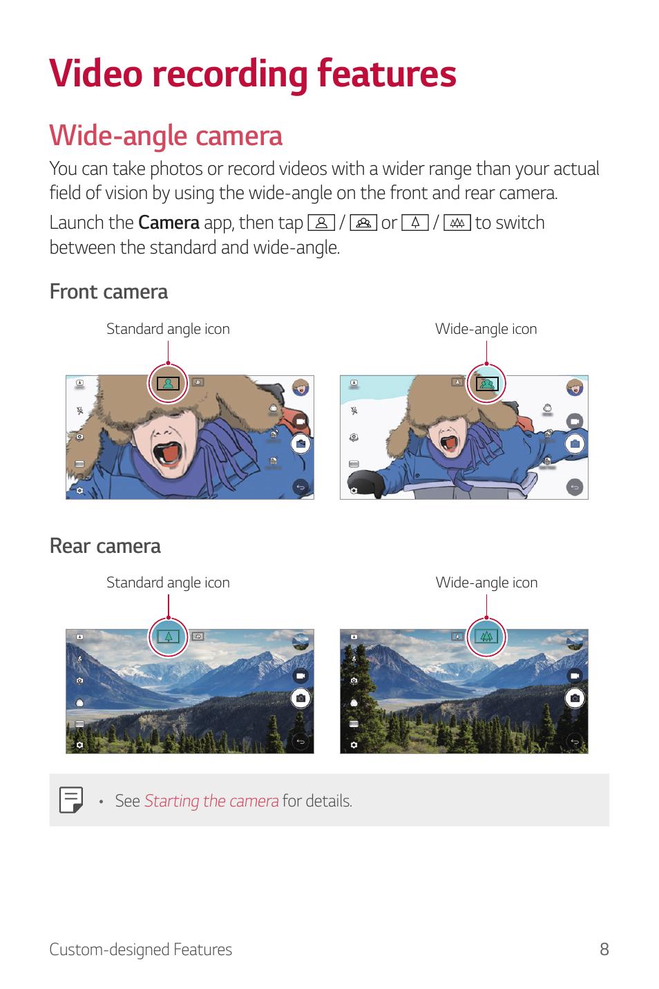 Video recording features, Wide-angle camera | LG G6 H872 User Manual | Page 9 / 183