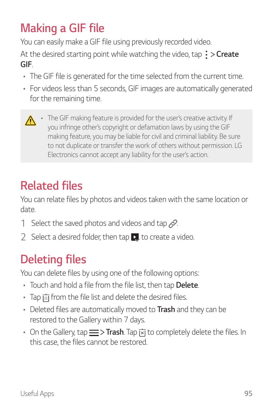 Making a gif file, Related files, Deleting files | LG G6 H872 User Manual | Page 96 / 183