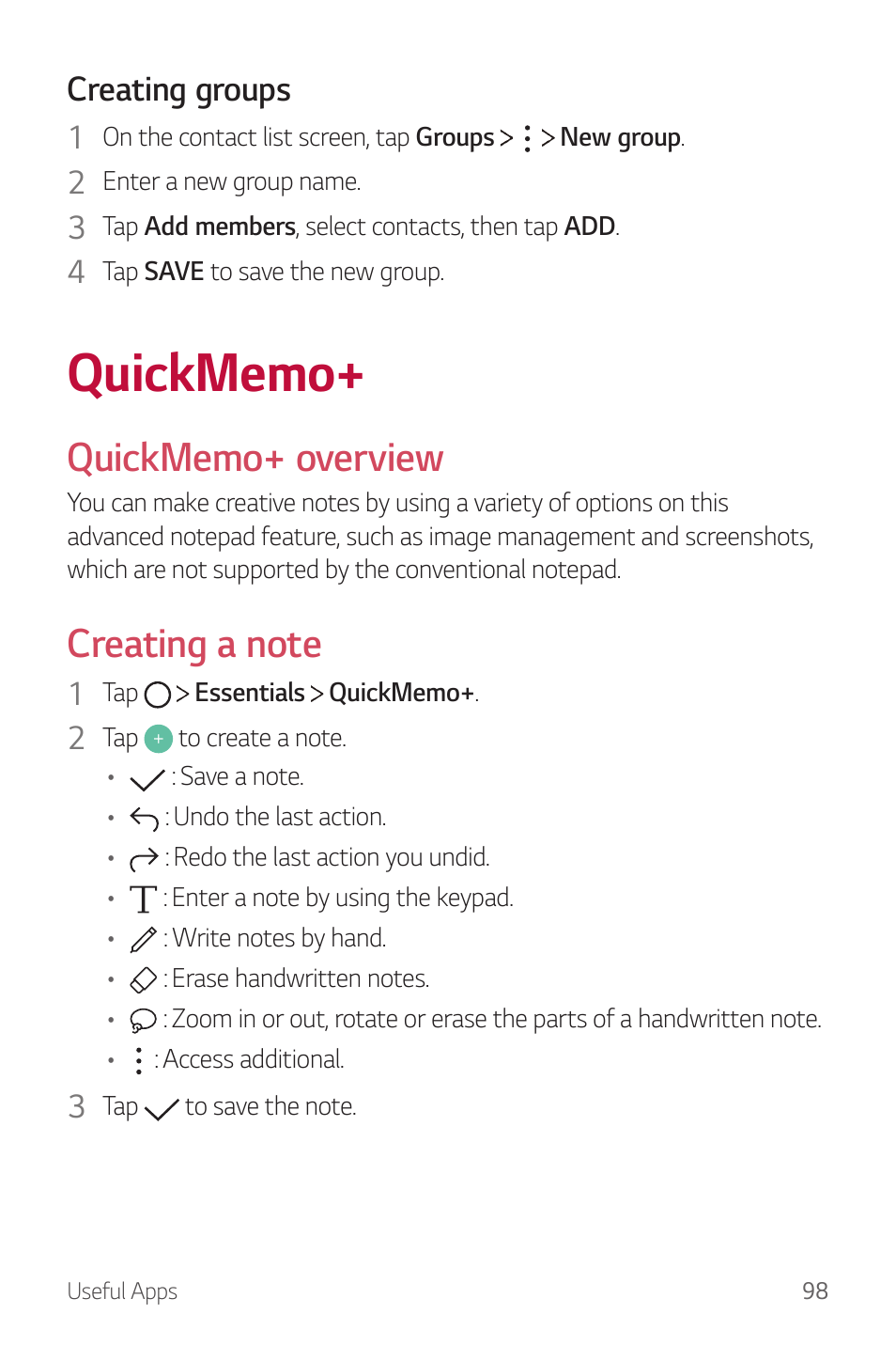 Quickmemo, Creating groups | LG G6 H872 User Manual | Page 99 / 183