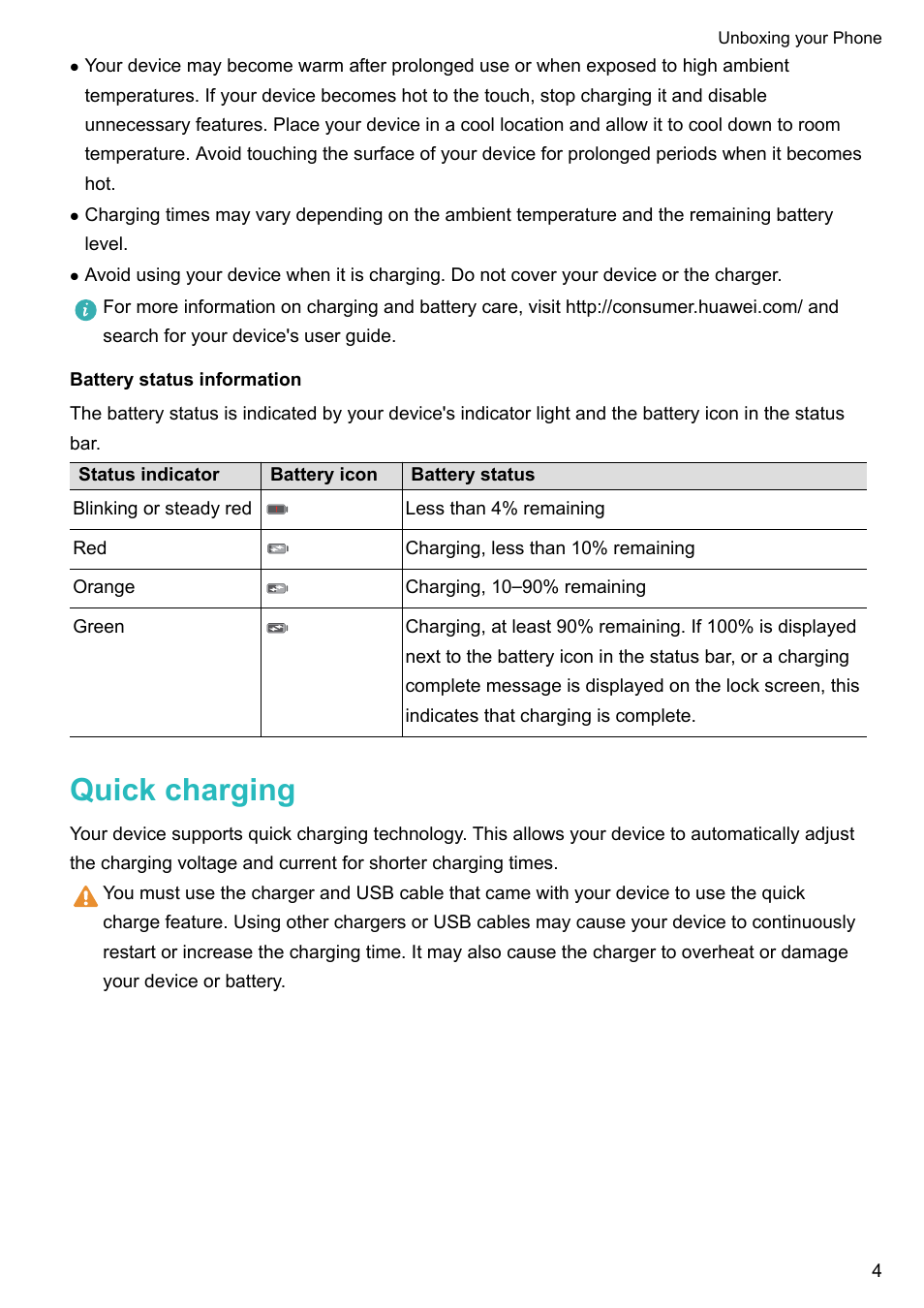 Battery status information, Quick charging | Huawei P10 User Manual | Page 10 / 158