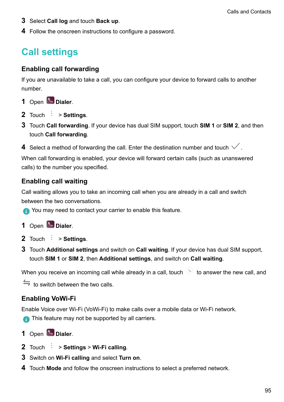 Call settings, Enabling call forwarding, Enabling call waiting | Enabling vowi-fi | Huawei P10 User Manual | Page 101 / 158