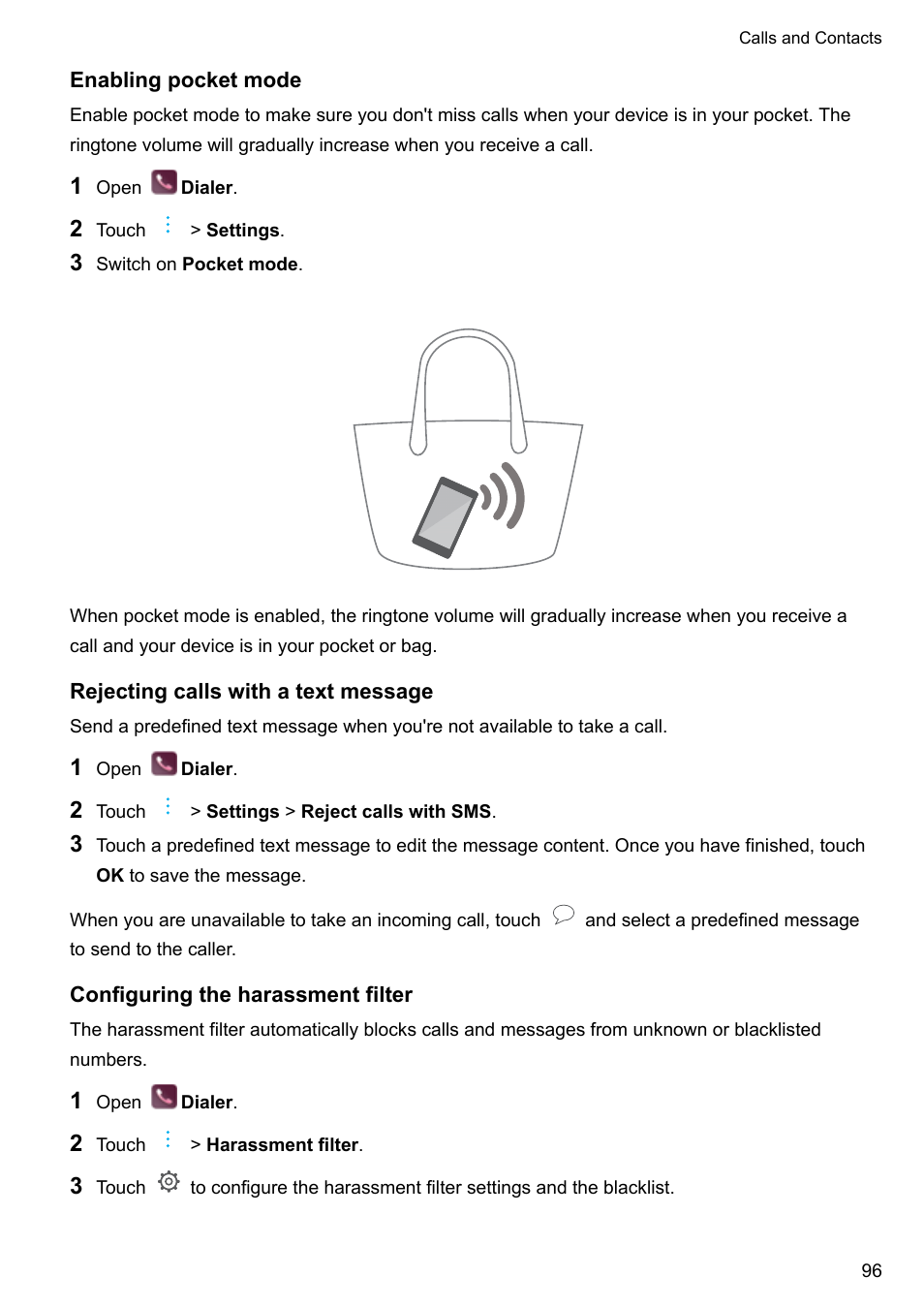 Enabling pocket mode, Rejecting calls with a text message, Configuring the harassment filter | Huawei P10 User Manual | Page 102 / 158