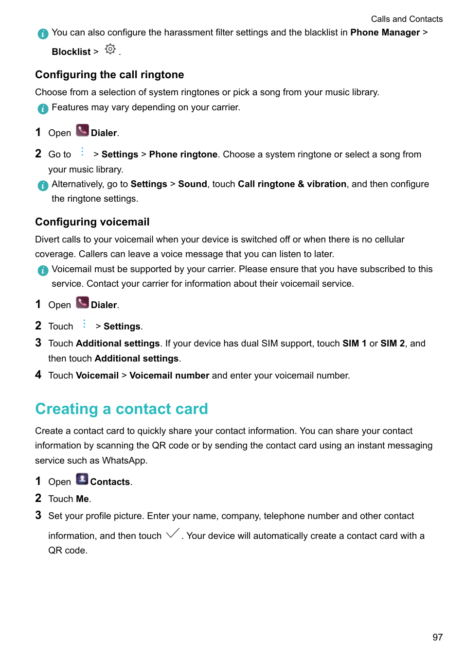 Configuring the call ringtone, Configuring voicemail, Creating a contact card | Huawei P10 User Manual | Page 103 / 158