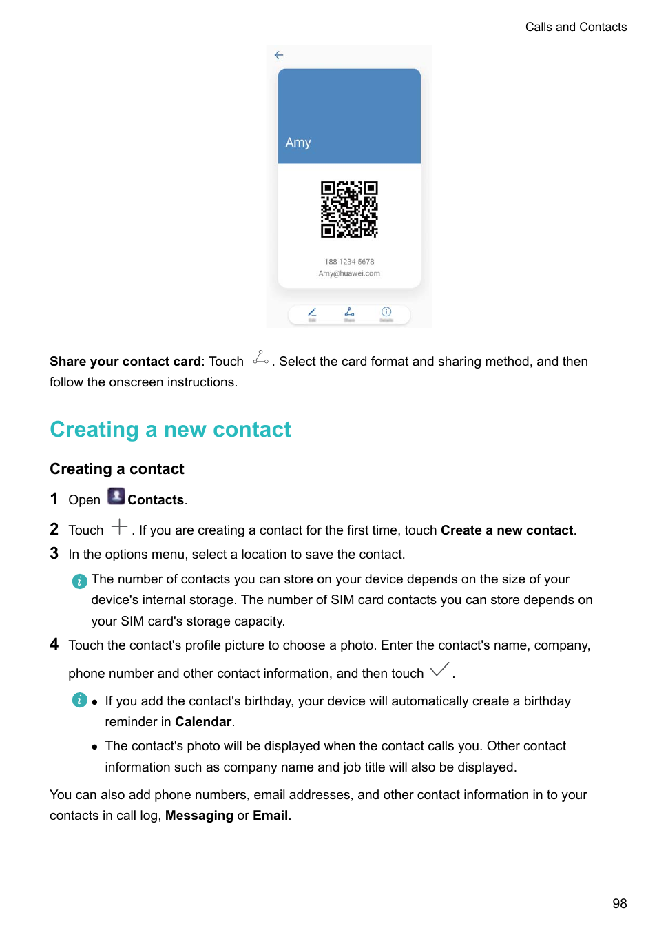 Creating a new contact, Creating a contact | Huawei P10 User Manual | Page 104 / 158