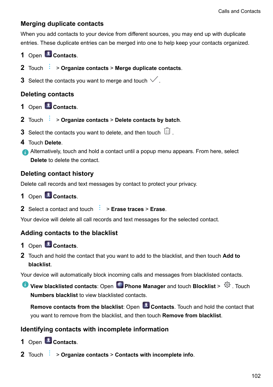 Merging duplicate contacts, Deleting contacts, Deleting contact history | Adding contacts to the blacklist, Identifying contacts with incomplete information | Huawei P10 User Manual | Page 108 / 158