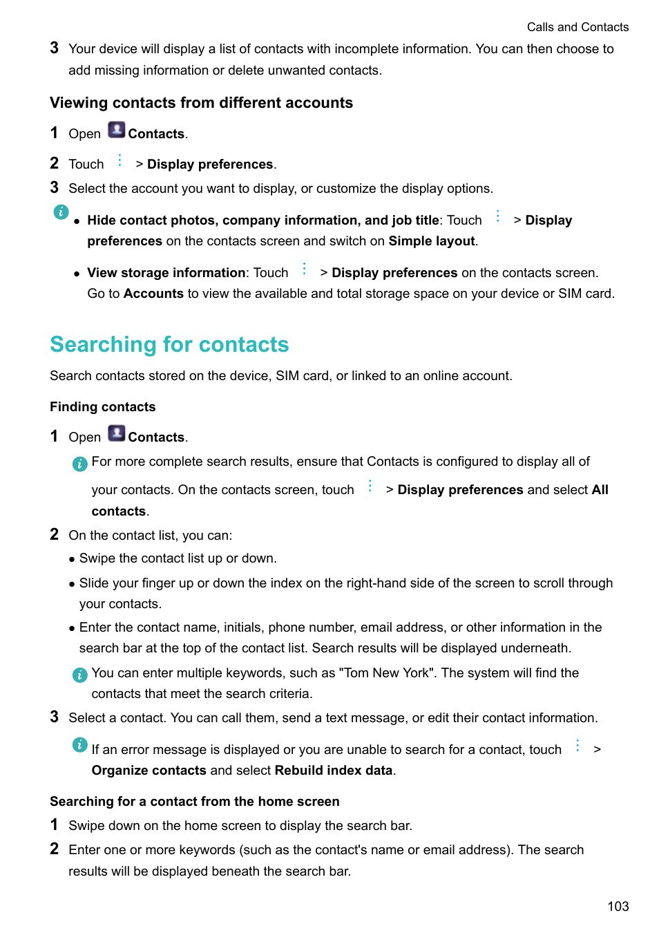 Viewing contacts from different accounts, Searching for contacts, Finding contacts | Searching for a contact from the home screen | Huawei P10 User Manual | Page 109 / 158