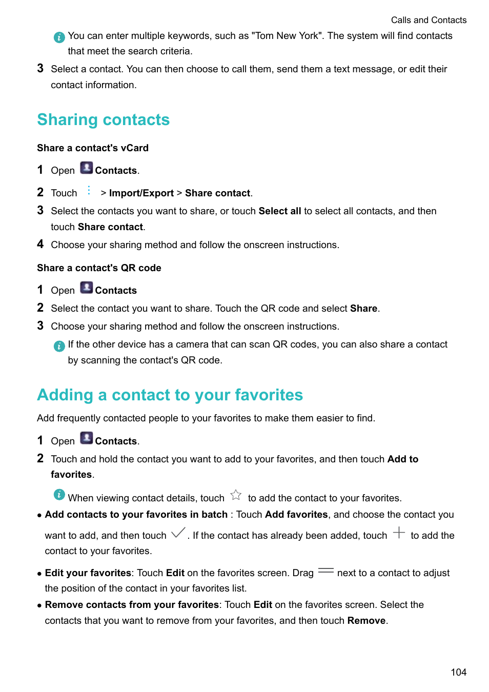 Sharing contacts, Share a contact's vcard, Share a contact's qr code | Adding a contact to your favorites | Huawei P10 User Manual | Page 110 / 158