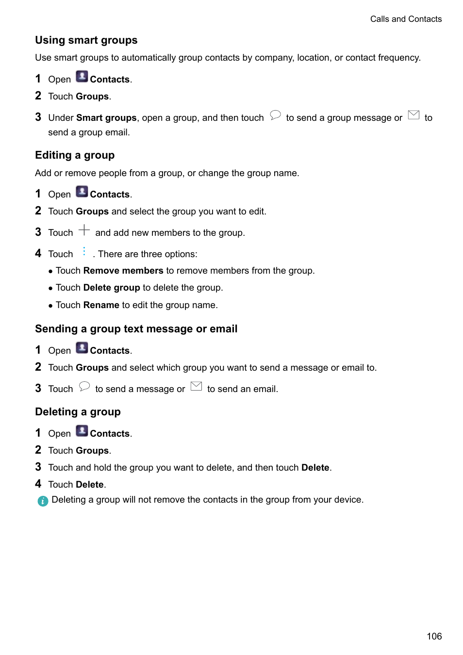 Using smart groups, Editing a group, Sending a group text message or email | Deleting a group | Huawei P10 User Manual | Page 112 / 158