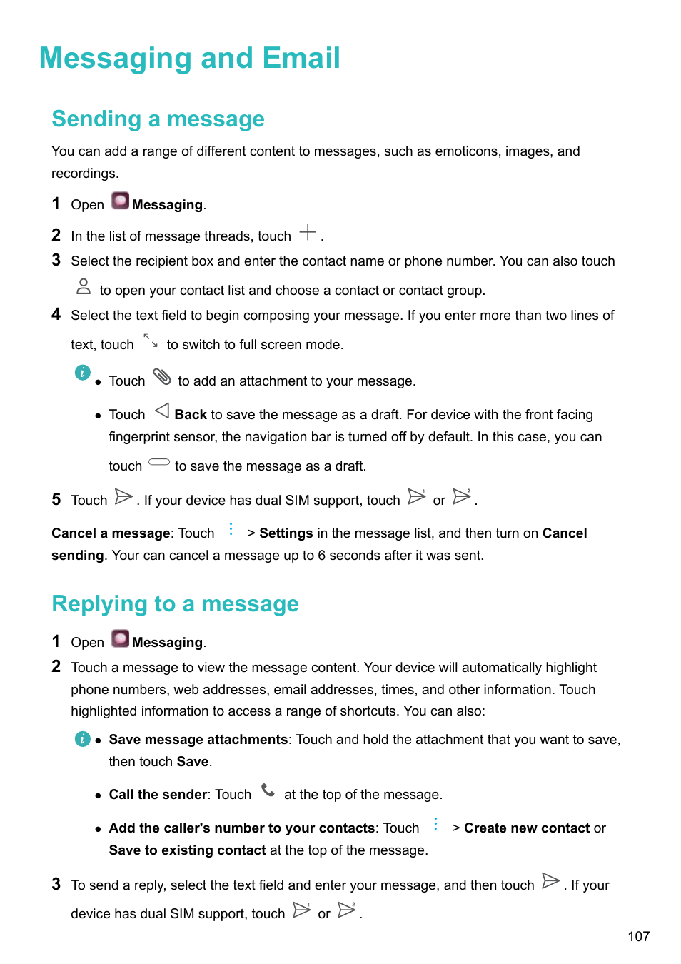 Messaging and email, Sending a message, Replying to a message | Huawei P10 User Manual | Page 113 / 158