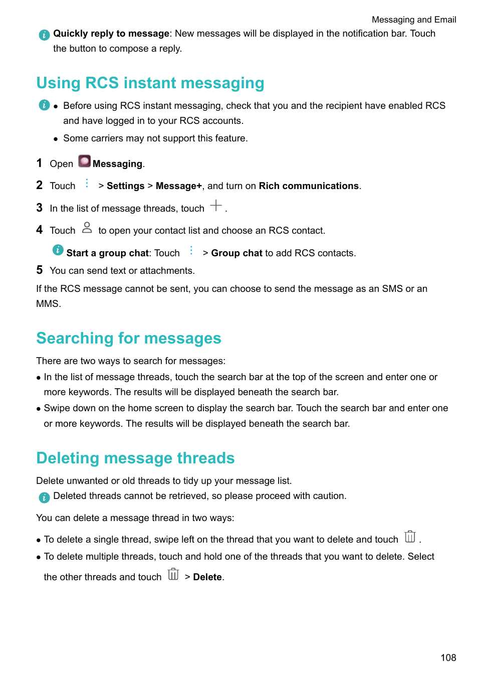 Using rcs instant messaging, Searching for messages, Deleting message threads | Huawei P10 User Manual | Page 114 / 158