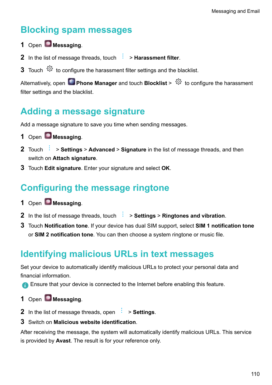 Blocking spam messages, Adding a message signature, Configuring the message ringtone | Identifying malicious urls in text messages | Huawei P10 User Manual | Page 116 / 158