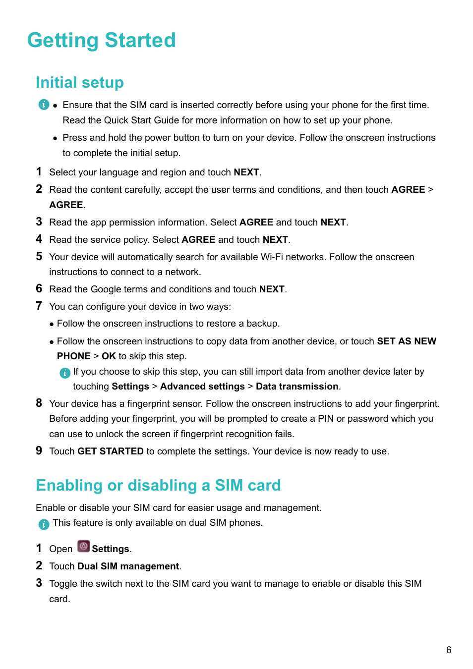 Getting started, Initial setup, Enabling or disabling a sim card | Huawei P10 User Manual | Page 12 / 158