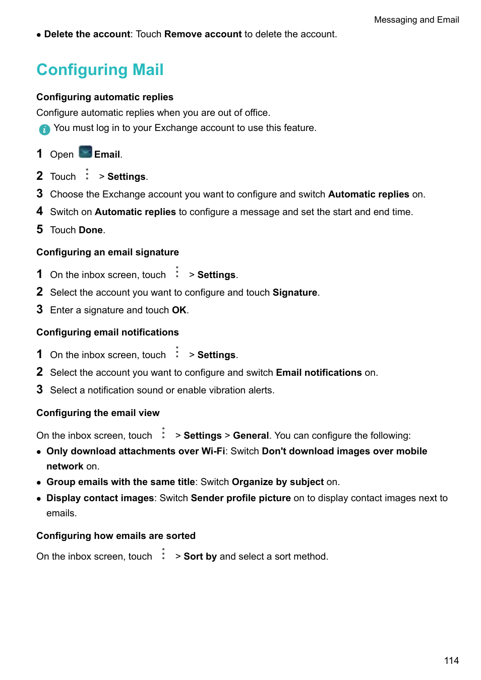 Configuring mail, Configuring automatic replies, Configuring an email signature | Configuring email notifications, Configuring the email view, Configuring how emails are sorted | Huawei P10 User Manual | Page 120 / 158