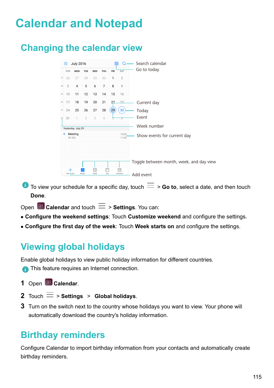 Calendar and notepad, Changing the calendar view, Viewing global holidays | Birthday reminders | Huawei P10 User Manual | Page 121 / 158