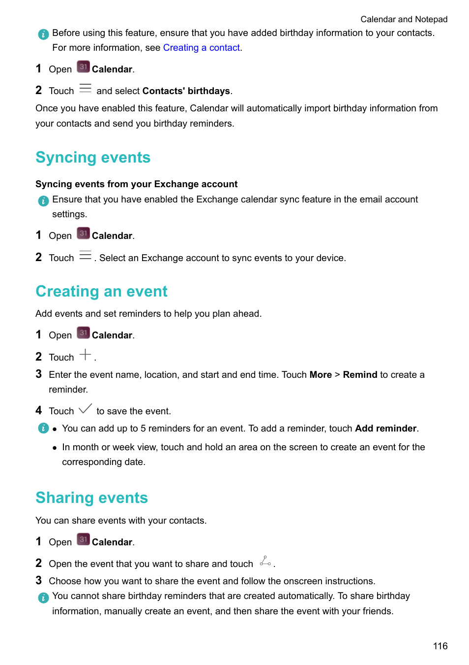 Syncing events, Syncing events from your exchange account, Creating an event | Sharing events | Huawei P10 User Manual | Page 122 / 158