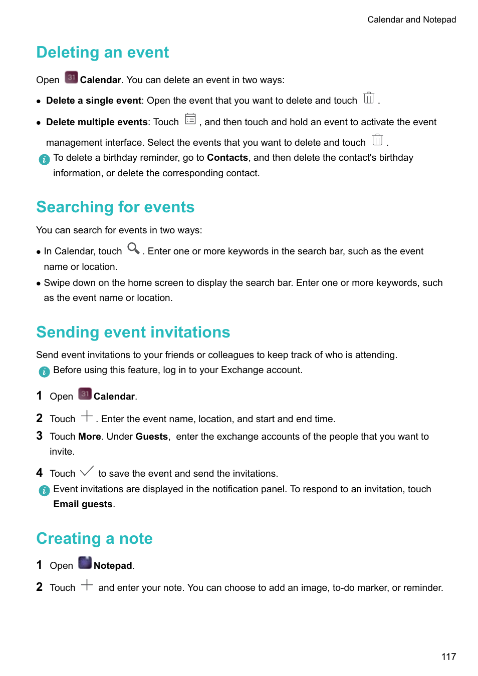 Deleting an event, Searching for events, Sending event invitations | Creating a note | Huawei P10 User Manual | Page 123 / 158