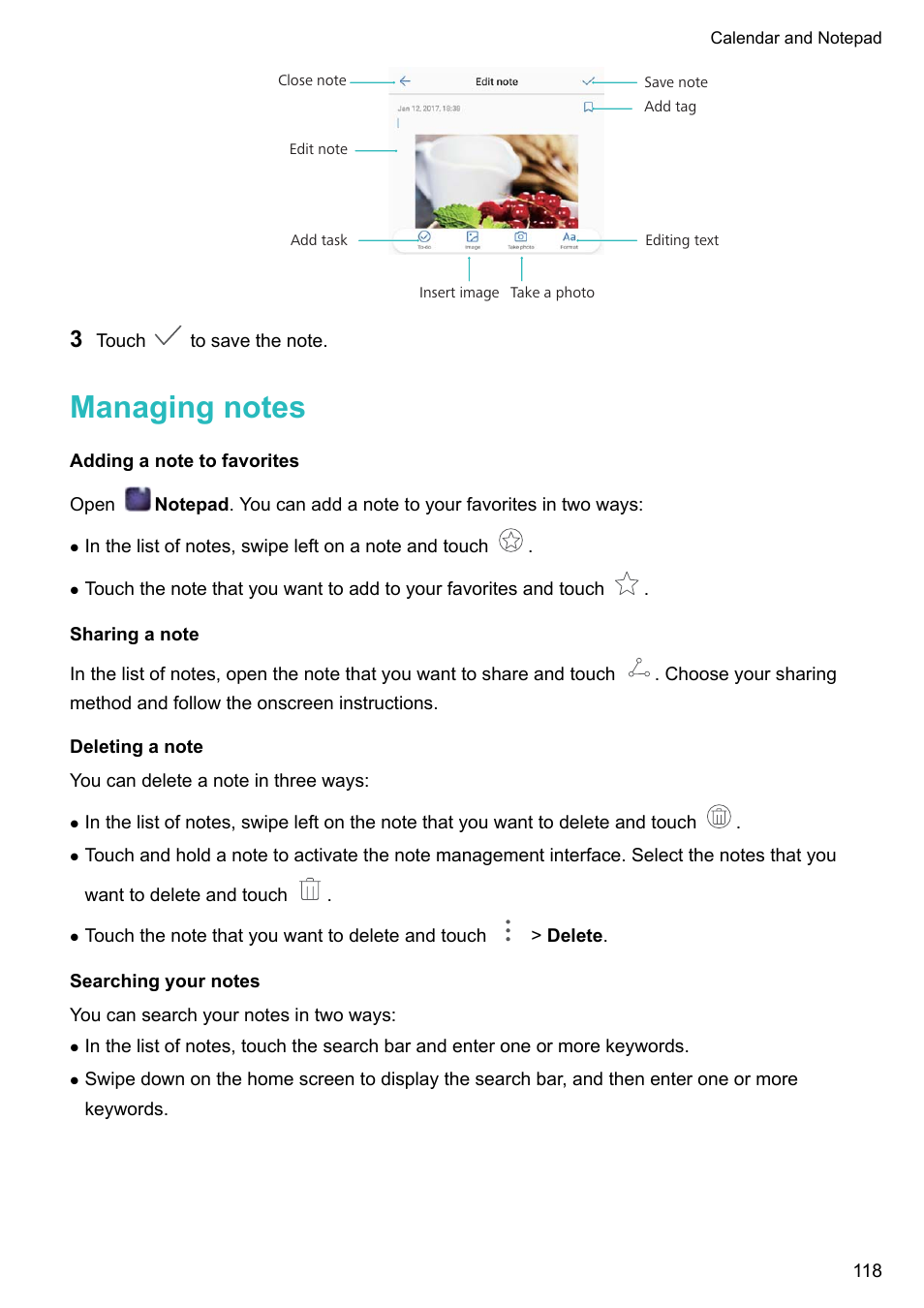 Managing notes, Adding a note to favorites, Sharing a note | Deleting a note, Searching your notes | Huawei P10 User Manual | Page 124 / 158