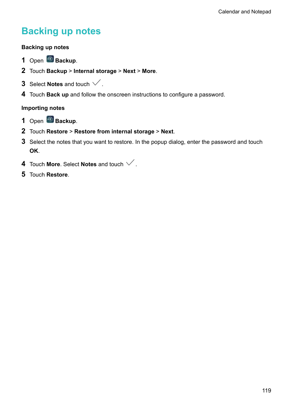 Backing up notes, Importing notes | Huawei P10 User Manual | Page 125 / 158