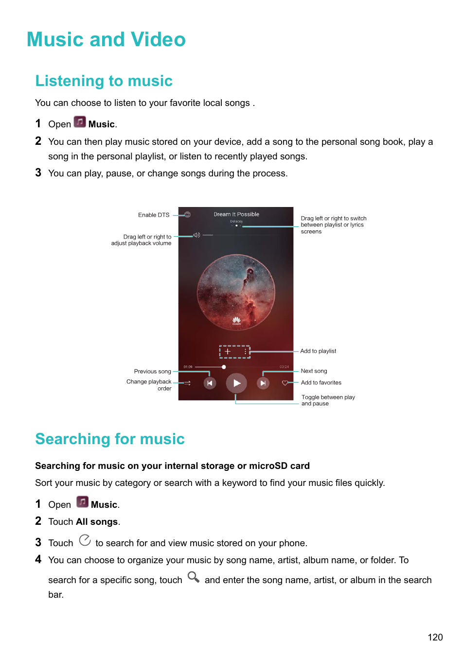 Music and video, Listening to music, Searching for music | Huawei P10 User Manual | Page 126 / 158