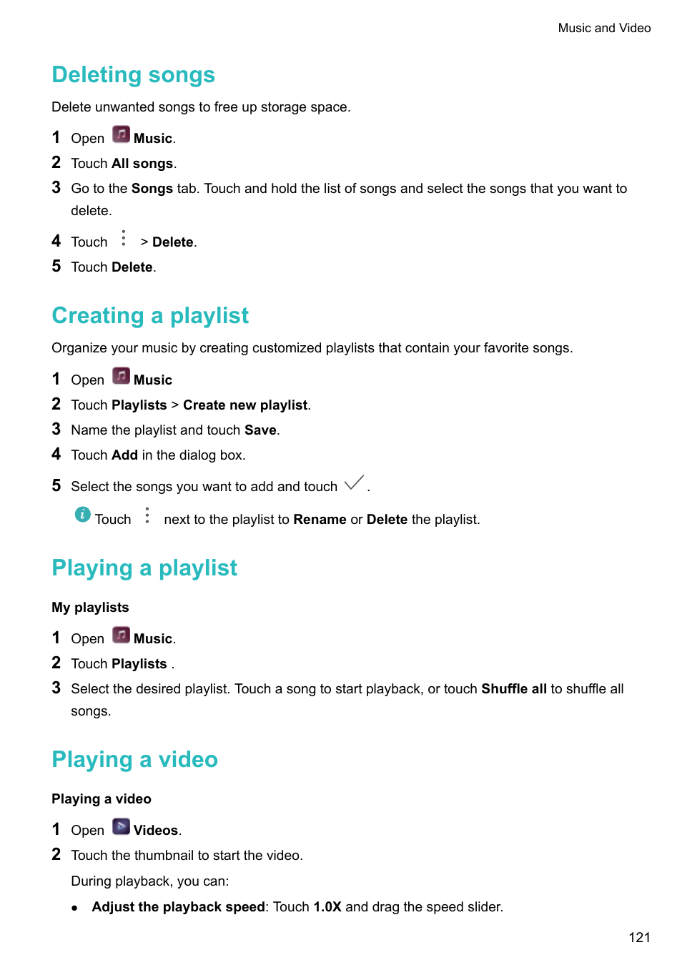 Deleting songs, Creating a playlist, Playing a playlist | My playlists, Playing a video | Huawei P10 User Manual | Page 127 / 158