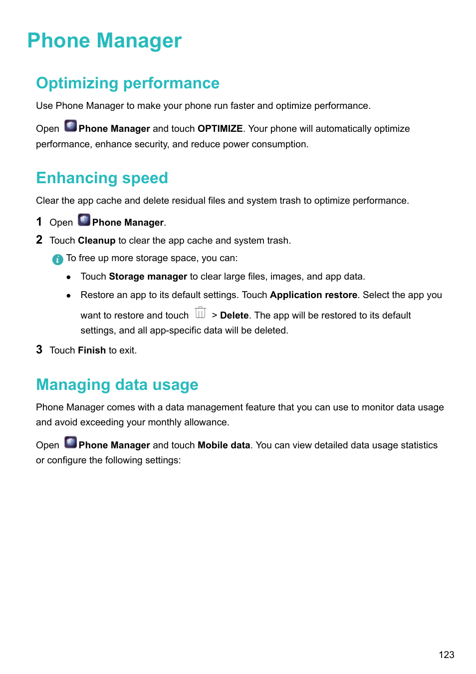 Phone manager, Optimizing performance, Enhancing speed | Managing data usage | Huawei P10 User Manual | Page 129 / 158