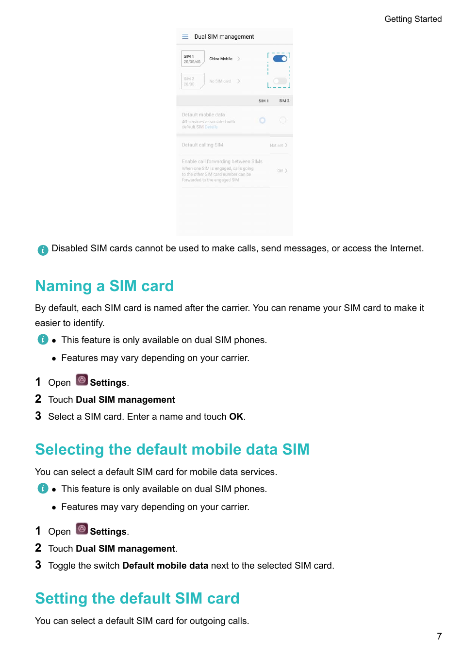 Naming a sim card, Selecting the default mobile data sim, Setting the default sim card | Huawei P10 User Manual | Page 13 / 158