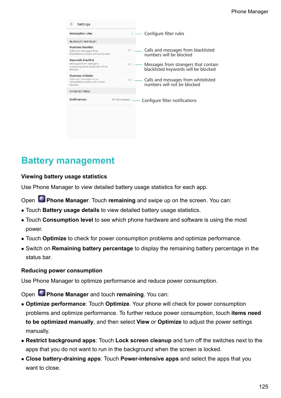 Battery management, Viewing battery usage statistics, Reducing power consumption | Huawei P10 User Manual | Page 131 / 158