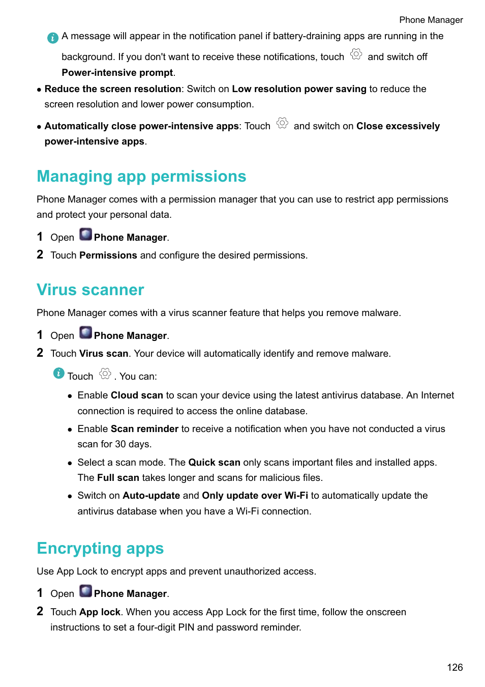 Managing app permissions, Virus scanner, Encrypting apps | Huawei P10 User Manual | Page 132 / 158