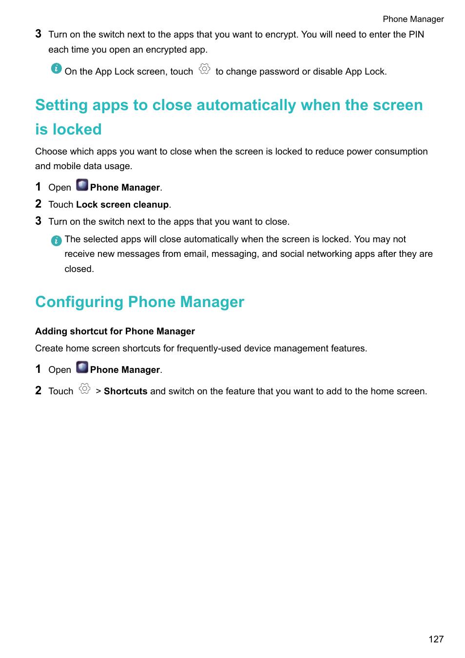Configuring phone manager, Adding shortcut for phone manager | Huawei P10 User Manual | Page 133 / 158