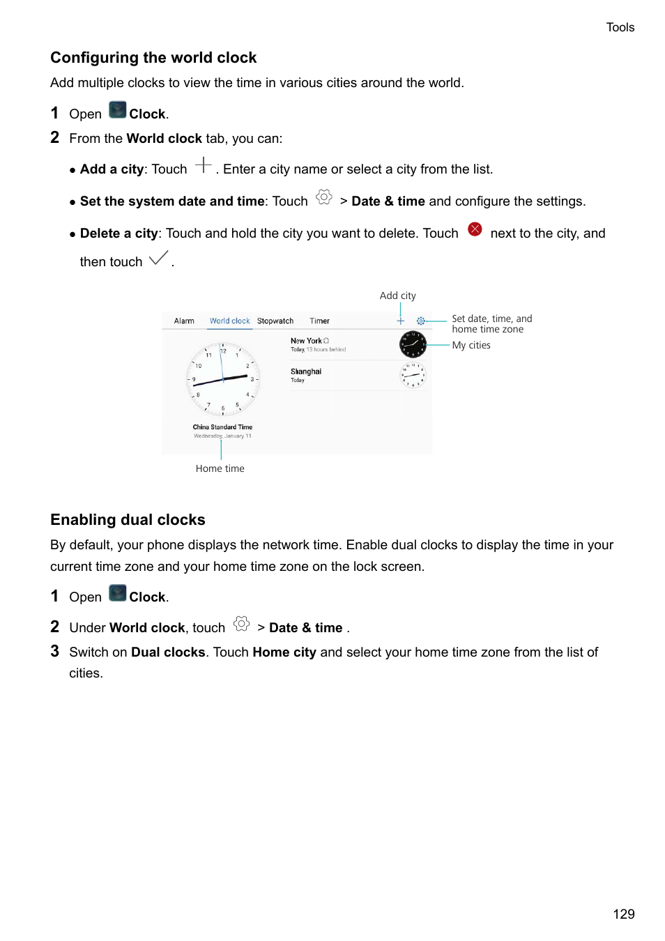 Configuring the world clock, Enabling dual clocks | Huawei P10 User Manual | Page 135 / 158