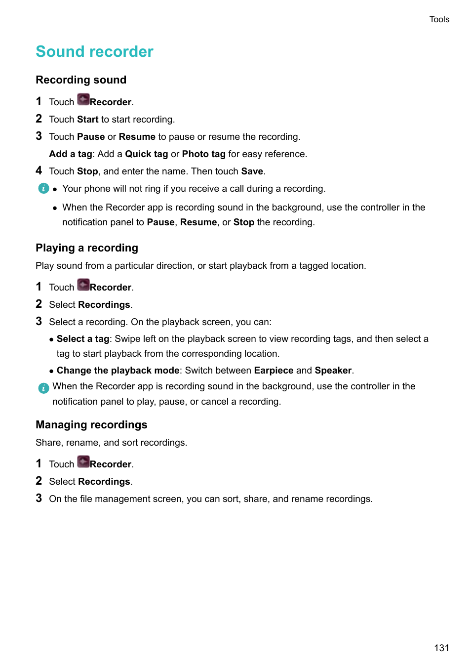 Sound recorder, Recording sound, Playing a recording | Managing recordings | Huawei P10 User Manual | Page 137 / 158