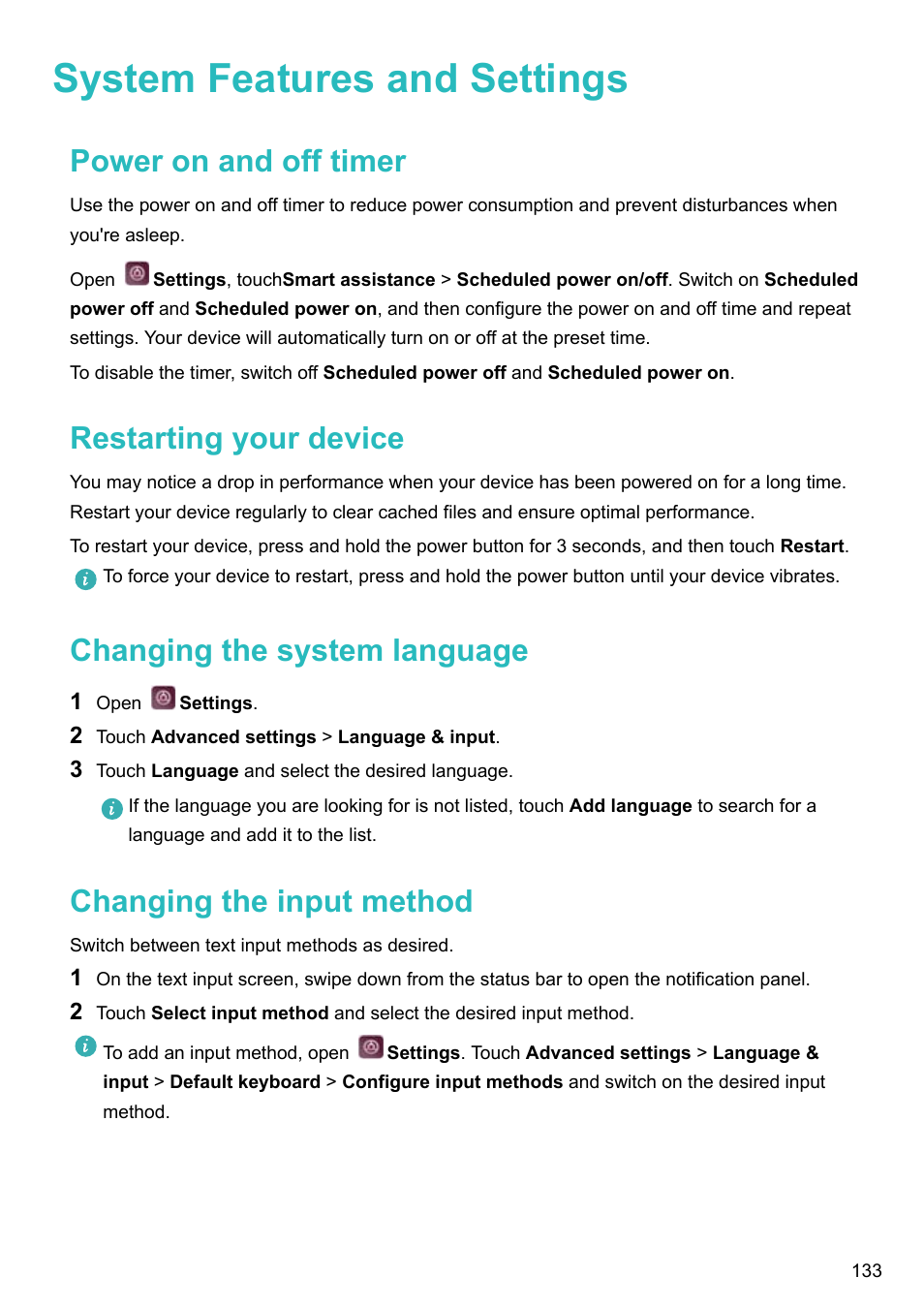 System features and settings, Power on and off timer, Restarting your device | Changing the system language, Changing the input method | Huawei P10 User Manual | Page 139 / 158